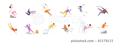 Falling injury. Accident of fall stairs people, accidently drop man prevention emergency slide ladder person moving on slip floor beware failure risk, splendid vector illustration 91579215