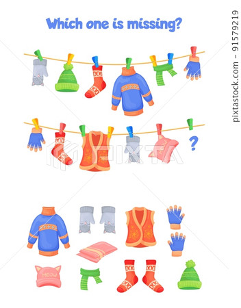 Game find clothes. Maze lost clothing child education iq simple logic games, choose match or pair part cloth on worksheet, activity kid vector illustration 91579219