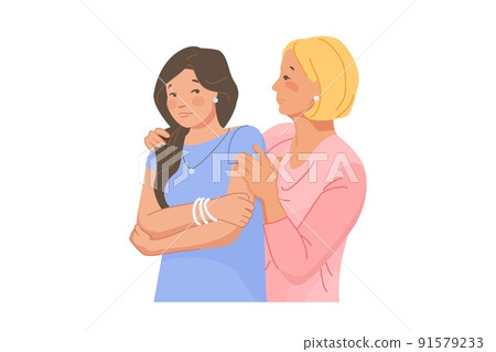 Breakup friends. Empathy person comforting best friend, support mom hug sad comforted child, friendly or parent comfort, cartoon vector illustration Breakup friends. Empathy person comforting best friend, support mom hug sad comforted child, friendly or parent comfort, cartoon vector illustration 91579233