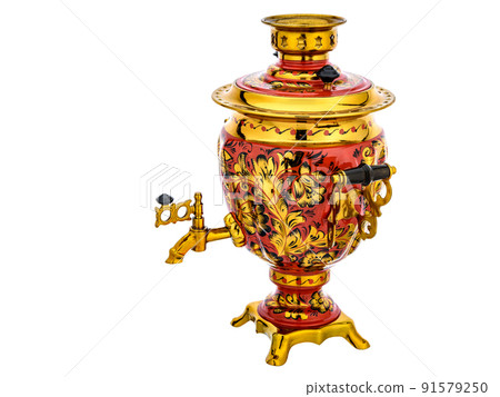 Old Vintage metal Traditional Russian Teapot samovar isolated on white. Folk utensils for tea drinking, water boiler. Dishes with handmade painting floral ornament 91579250