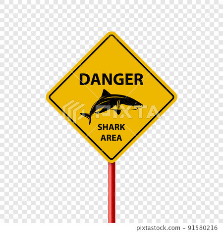 Vector Yellow Shark Sighting Sign Isolated. Shark Attack Warning. Danger for Surfing and Swimming. Shark Zone, Area, Caution 91580216