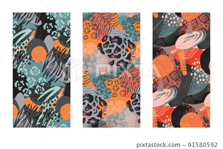 Collection of three vector seamless patterns with hand drawn animal skin ornament. Set of modern trendy endless backgrounds Collection of three vector seamless patterns with hand drawn animal skin ornament. Set of modern trendy endless backgrounds 91580592