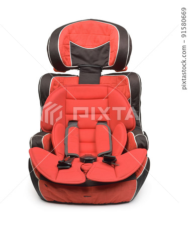Front view of empty red baby car seat 91580669