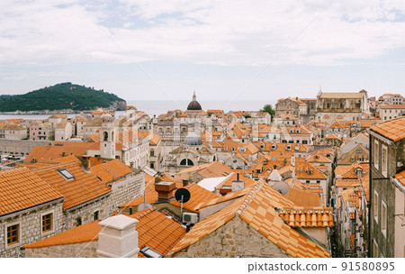 Facade of Vlaha Church, in Dubrovnik, Croatia, Europe. Panoramic view of the city from the city walls. 91580895