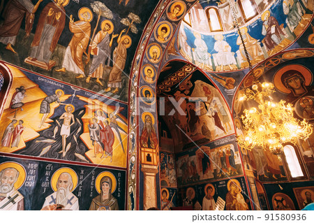 Pictures of the lives of the saints on the walls of the Ostrog monastery. Montenegro Pictures of the lives of the saints on the walls of the Ostrog monastery. Montenegro 91580936