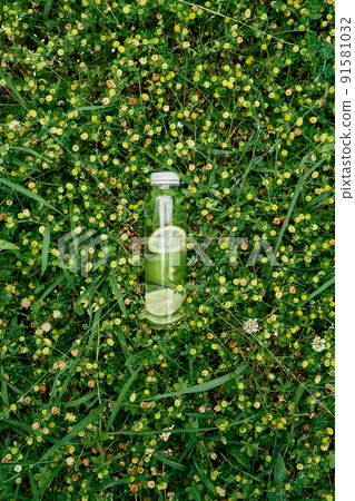 Bottle of water with lemon, lime and mint lies on the green grass among the wildflowers Bottle of water with lemon, lime and mint lies on the green grass among the wildflowers 91581032