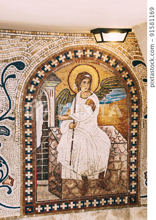 Mosaic depicting an angel with a cane in the Ostrog monastery. Montenegro 91581169