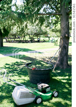 Lawn mower stands near a large bowl with cut grass in a park Lawn mower stands near a large bowl with cut grass in a park 91581561