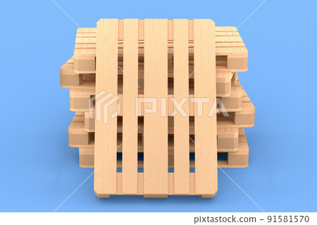 Set of wooden pallet for warehouse cargo storage isolated on blue background. 3d render of tray for cargo loading and transportation, freight delivery, warehousing service equipment 91581570