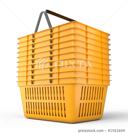 Stack of plastic shopping basket from supermarket on white background. 3d render concept of online shopping andblack friday sale 91581604