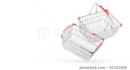 Set of metalwire shopping basket from supermarket on white background. 3d render concept of online shopping andblack friday sale Set of metalwire shopping basket from supermarket on white background. 3d render concept of online shopping andblack friday sale 91581608