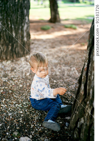 Kid sits on the ground near a large tree and holds a stick in his hand 91581726
