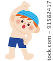 Illustration of a boy in a swimsuit doing a preparatory exercise 91582417