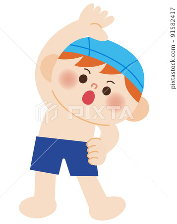 Illustration of a boy in a swimsuit doing a preparatory exercise 91582417