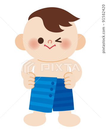 Illustration of a boy changing into a swimsuit 91582420