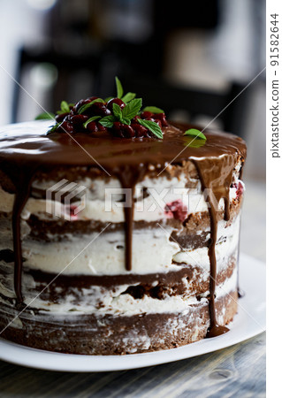 Chocolate brownie cake with cherries and mint leaves. Close up 91582644
