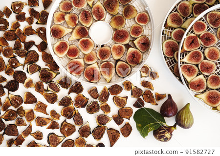 Fresh figs in a dehydrator lie next to dried figs on the table Fresh figs in a dehydrator lie next to dried figs on the table 91582727