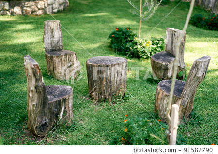 Stumps in the shape of chairs and a table stand in a green meadow 91582790