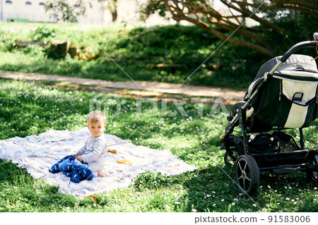 Small kid sits on a blanket on the lawn near the stroller against the background of trees and looks to the side Small kid sits on a blanket on the lawn near the stroller against the background of trees and looks to the side 91583006