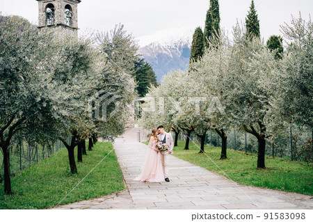 Newlyweds walk in an olive grove against the background of an old tower with bells on Lake Como. Side view Newlyweds walk in an olive grove against the background of an old tower with bells on Lake Como. Side view 91583098