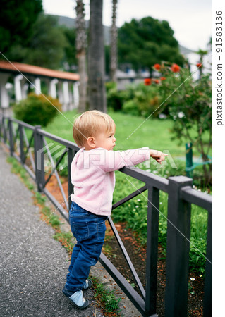 Kid stands near the fence and points to a tree in a green park Kid stands near the fence and points to a tree in a green park 91583136