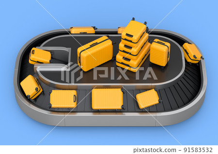 Airport luggage conveyor belt or baggage claim area with suitcases on blue. Airport luggage conveyor belt or baggage claim area with suitcases on blue. 91583532