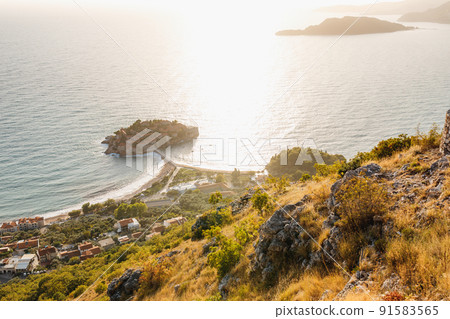 View from the mountain to the island of Sveti Stefan. Montenegro View from the mountain to the island of Sveti Stefan. Montenegro 91583565