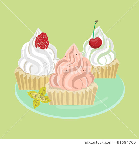 Happy birthday greeting card with cupcakes, ribbons and inscription. Vector graphics 91584709