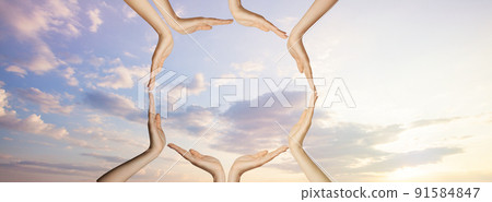 Hands on sky clouds. Unity,  support and togetherness concept Hands on sky clouds. Unity,  support and togetherness concept 91584847