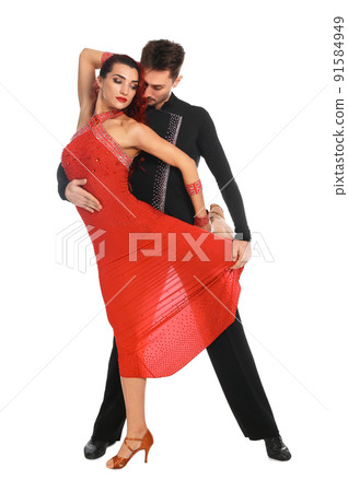 Passionate young couple dancing on white background 91584949