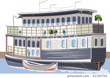 A wooden houseboat built on an old barge. 91585705