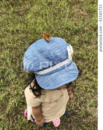A photo of a butterfly perched on a blue hat worn by a 2-year-old girl 91585721