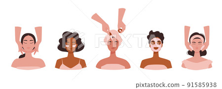 Set of Cute Girls Take Care of Face Skin Set of Cute Girls Take Care of Face Skin 91585938