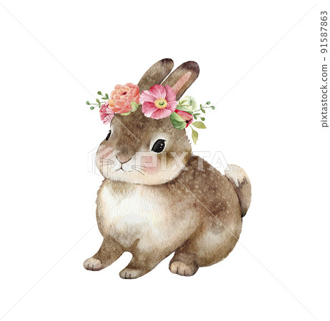 Cute brown rabbit with a wreath of flowers on his head, watercolor illustration. Cute brown rabbit with a wreath of flowers on his head, watercolor illustration. 91587863
