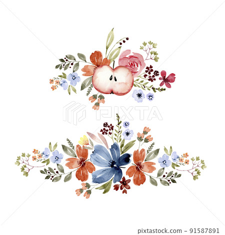 Set of Watercolor bouquets with flowers and an apple on a white background.  91587891