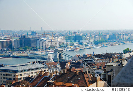 Hungary Budapest World Heritage From the fisherman's fort in the Buda district to the Szechenyi Chain Bridge and the cityscape of Buda and the Pest district Hungary Budapest World Heritage From the fisherman's fort in the Buda district to the Szechenyi Chain Bridge and the cityscape of Buda and the Pest district 91589548