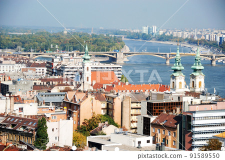 Hungary Budapest World Heritage Fisherman's Fort overlooking the cityscape of the Buda district and the upstream Marghita Bridge 91589550
