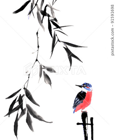 Willow and kingfisher drawn by ink painting technique Willow and kingfisher drawn by ink painting technique 91591698