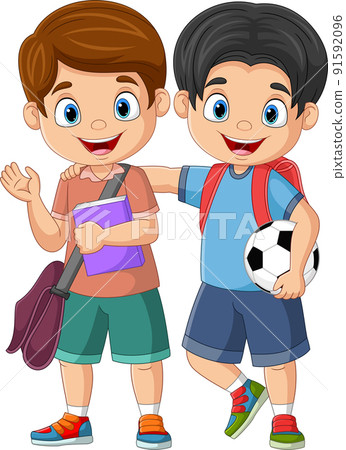Cartoon happy children with book and soccer ball 91592096