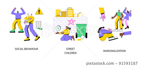 Social problems abstract concept vector illustration set. Social behaviour, street children, marginalization, youth abuse, gang fighting, domestic violence, school bullying, outcast abstract metaphor. Social problems abstract concept vector illustration set. Social behaviour, street children, marginalization, youth abuse, gang fighting, domestic violence, school bullying, outcast abstract metaphor. 91593187
