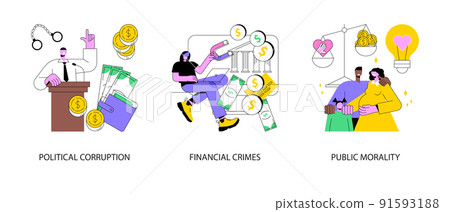 Public life abstract concept vector illustration set. Political corruption, financial crimes, public morality, ethical standards, bribery and tax offense, money laundering abstract metaphor. Public life abstract concept vector illustration set. Political corruption, financial crimes, public morality, ethical standards, bribery and tax offense, money laundering abstract metaphor. 91593188