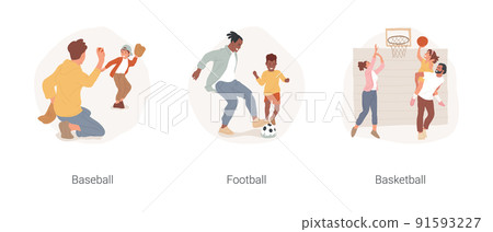 Backyard games isolated cartoon vector illustration set. Father and son play baseball together, backyard soccer, child throwing hoop on the garage door, outdoor basketball court vector cartoon. Backyard games isolated cartoon vector illustration set. Father and son play baseball together, backyard soccer, child throwing hoop on the garage door, outdoor basketball court vector cartoon. 91593227
