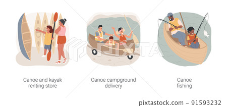 Lake canoeing isolated cartoon vector illustration set. Canoe renting store, kayak rental service, campground delivery, father and son sitting fishing, family summer vacation vector cartoon. Lake canoeing isolated cartoon vector illustration set. Canoe renting store, kayak rental service, campground delivery, father and son sitting fishing, family summer vacation vector cartoon. 91593232