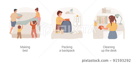 Child daily routine isolated cartoon vector illustration set. Making bed together with parents, organize bedroom, packing school supplies in backpack, cleaning up mess on the desk vector cartoon. 91593292