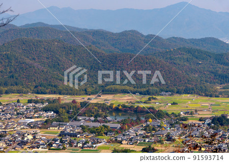 從小倉山鳥瞰京都嵯峨野、大覺寺和大澤池地區的秋天 從小倉山鳥瞰京都嵯峨野、大覺寺和大澤池地區的秋天 91593714