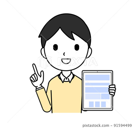 Illustration of a man holding a tablet and pointing his finger Upper body line drawing Illustration of a man holding a tablet and pointing his finger Upper body line drawing 91594499