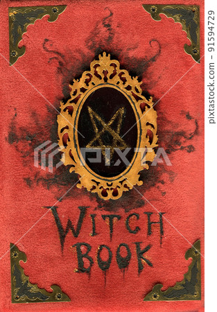 Hand drawn cover with wicca and mystic symbols for witch magic spell book. Gothic, occult and esoteric background 91594729