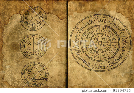 Hand drawn Halloween illustration of old page with wicca holidays chat and mystic symbols for witch magic spell book. 91594735