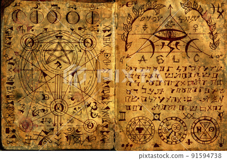 Hand drawn Halloween illustration of old page with wicca and mystic symbols from witch magic spell book. 91594738