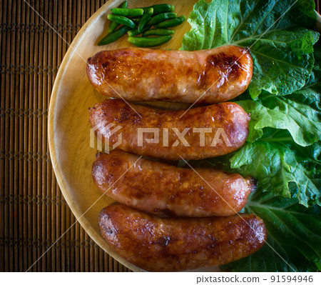 Isaan sausage or Thai Northeastern sausage , pork and rice sausages (Sai Krok Isan )  91594946